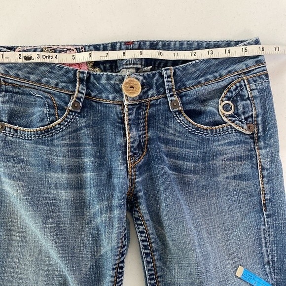 Blue Tattoo Low Rise Bootcut Distressed Jeans Big Stitch Embroidered Rose Logo - Picture 12 of 16